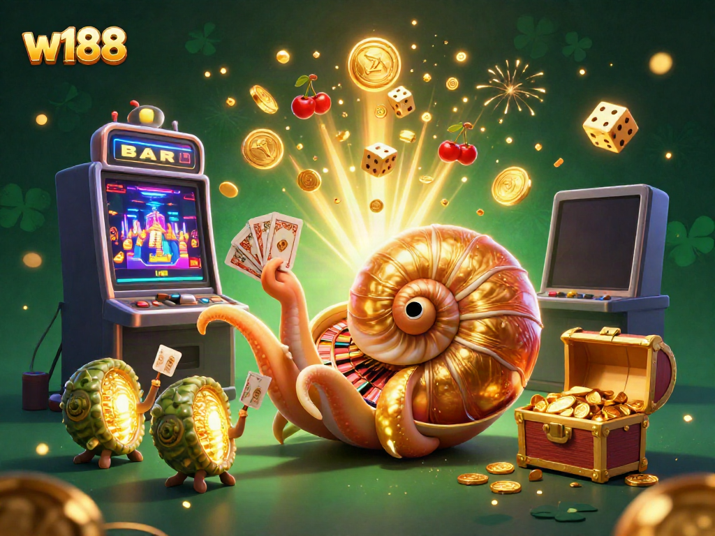 Experience thrilling gaming at w188 with a colorful casino scene featuring a giant nautilus, slot machine, and gold treasures.