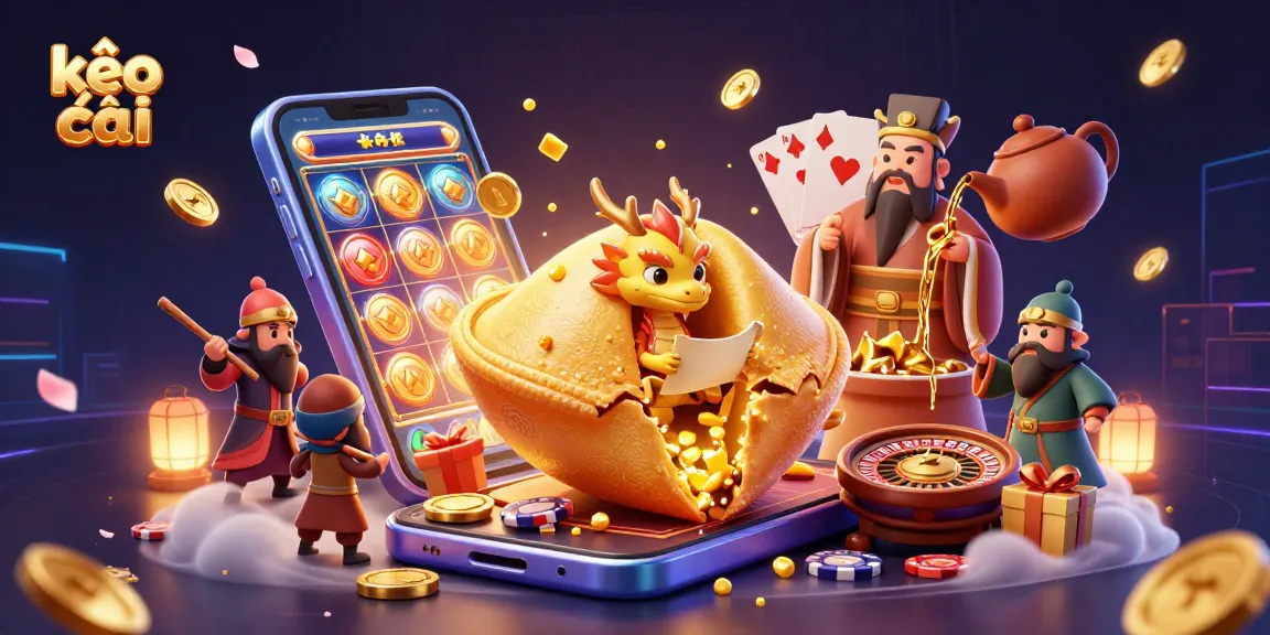 Engage with kèo nhà cái through an exciting scene featuring a fortune cookie, dragon, and gaming elements.