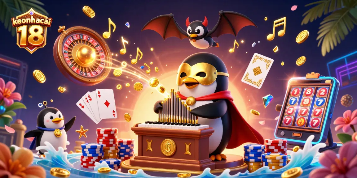 Engage with keonhacai 18's thrilling casino scene featuring golden coins, a fantasy penguin organist, and vibrant gaming elements.