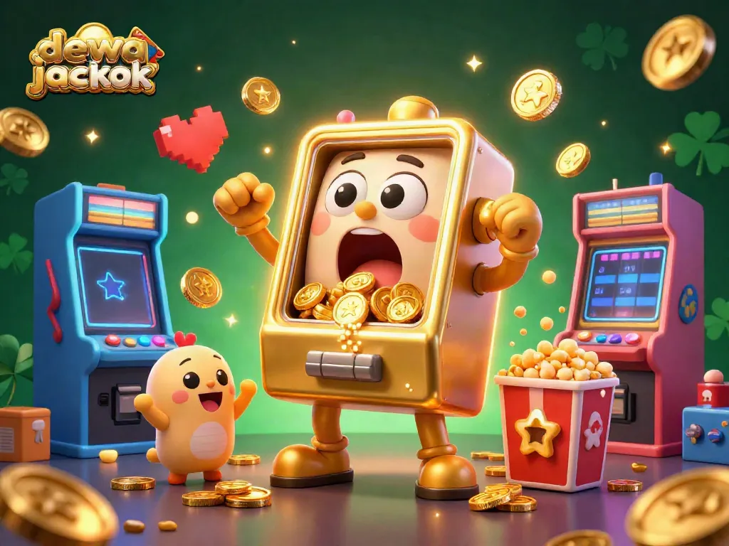 Mesin slot emas dewa jackpot beraksi, mengeluarkan koin, dikelilingi mesin slot kecil.