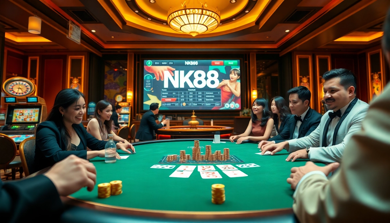 Casino scene showcasing excitement with players enjoying games on Trang chủ NK88 platform, poker chips and cards visible.