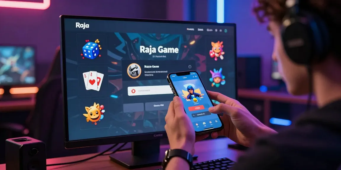 Engaging Raja Game login scene with user credentials entry on a smartphone, vibrant gaming icons.