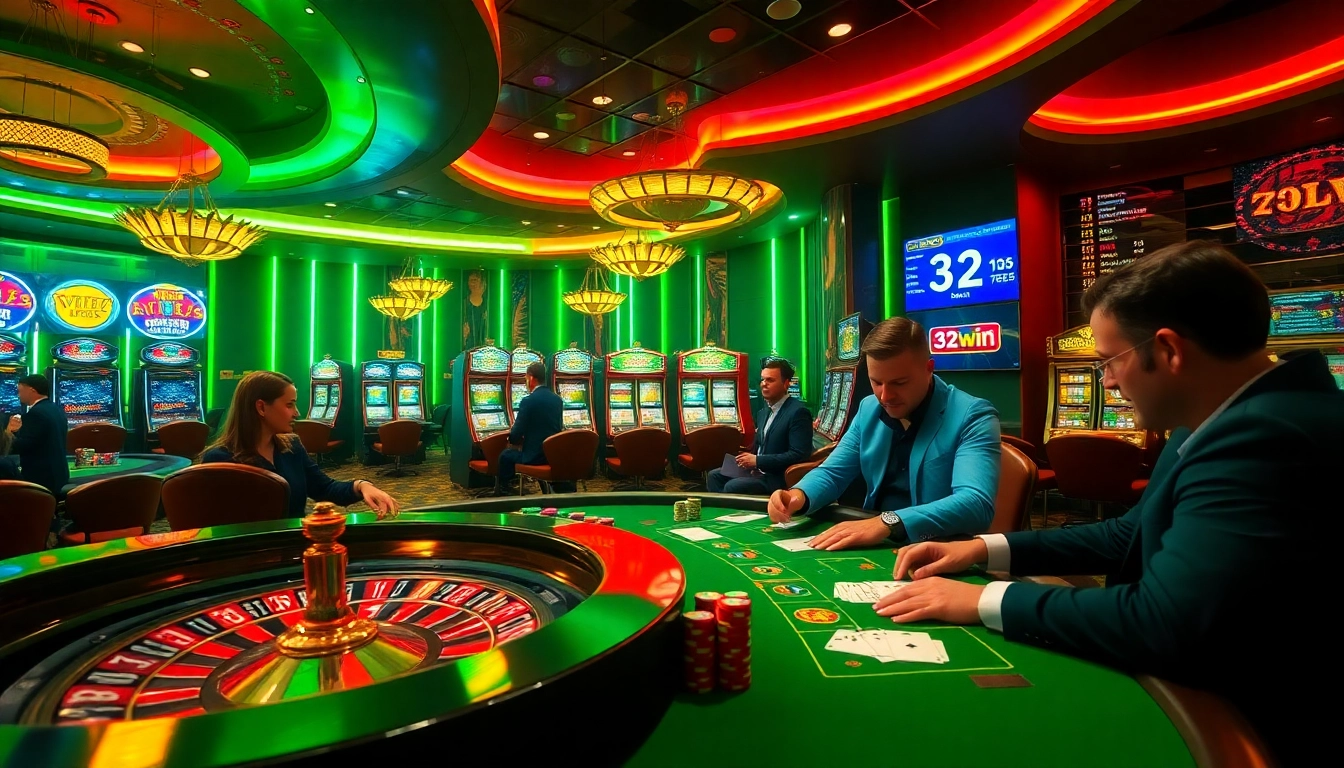 Gamblers enjoying a luxurious casino experience at 32win with cards and chips on the table.