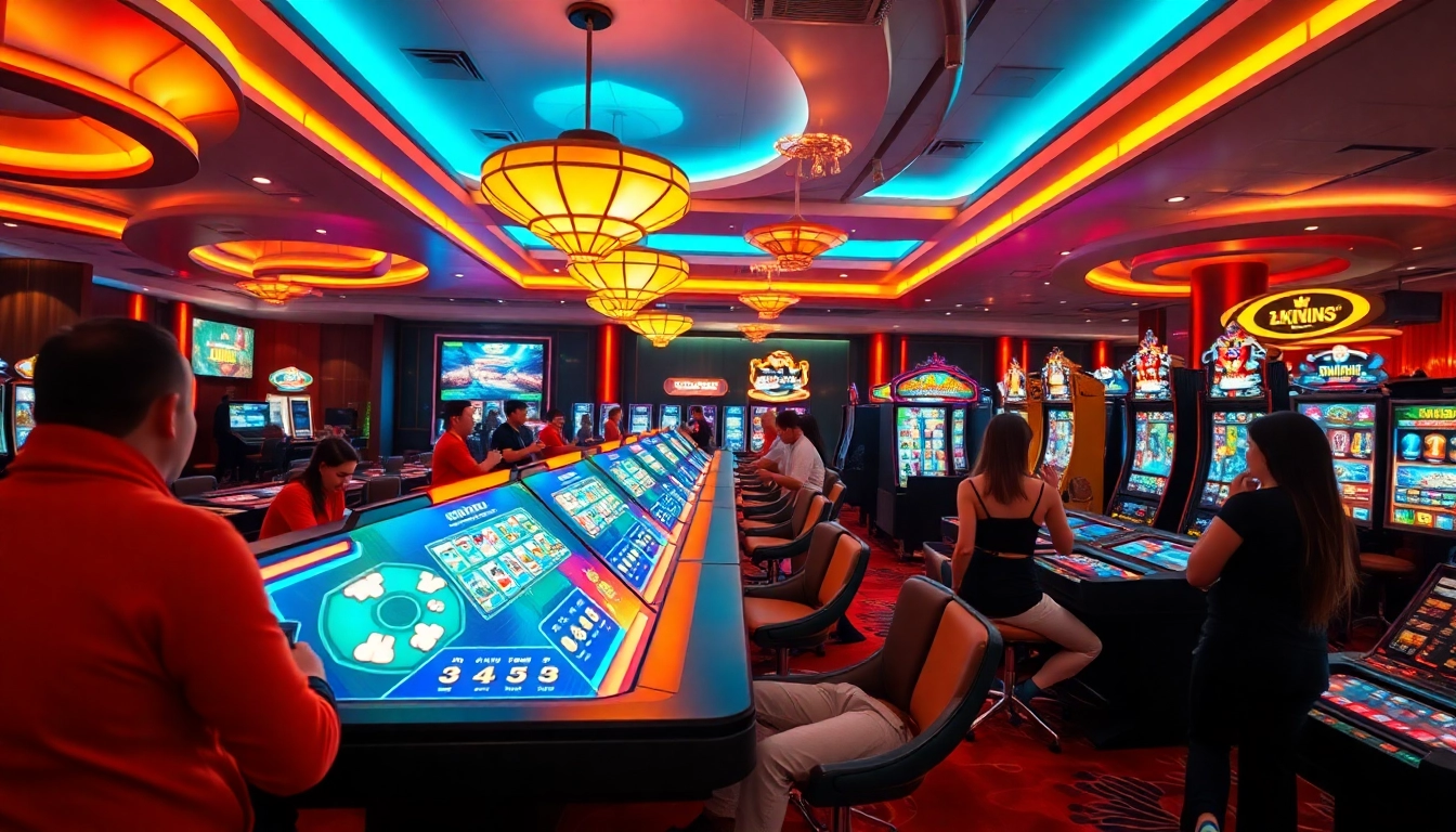 Dynamic online gambling atmosphere at 79king, featuring lively casino games and vibrant lighting.