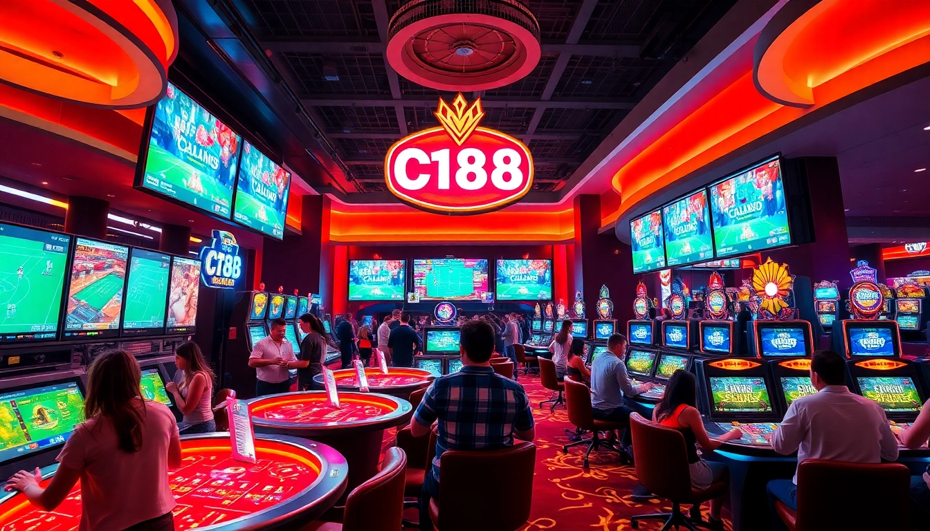 C168 brand casino scene with vibrant games, sports betting, and excited players.