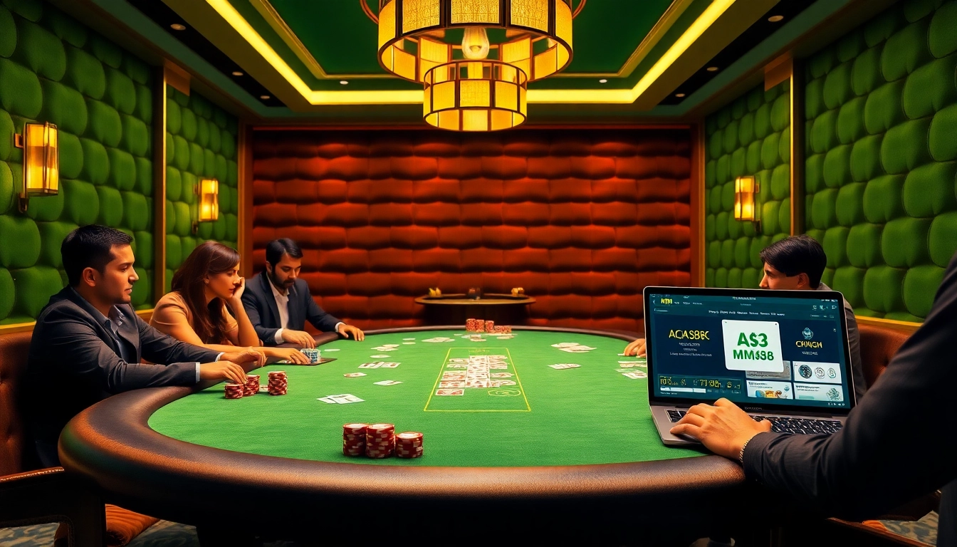 Experience thrilling poker action at MM88's luxurious casino table, showcasing vibrant chips and elegant surroundings.