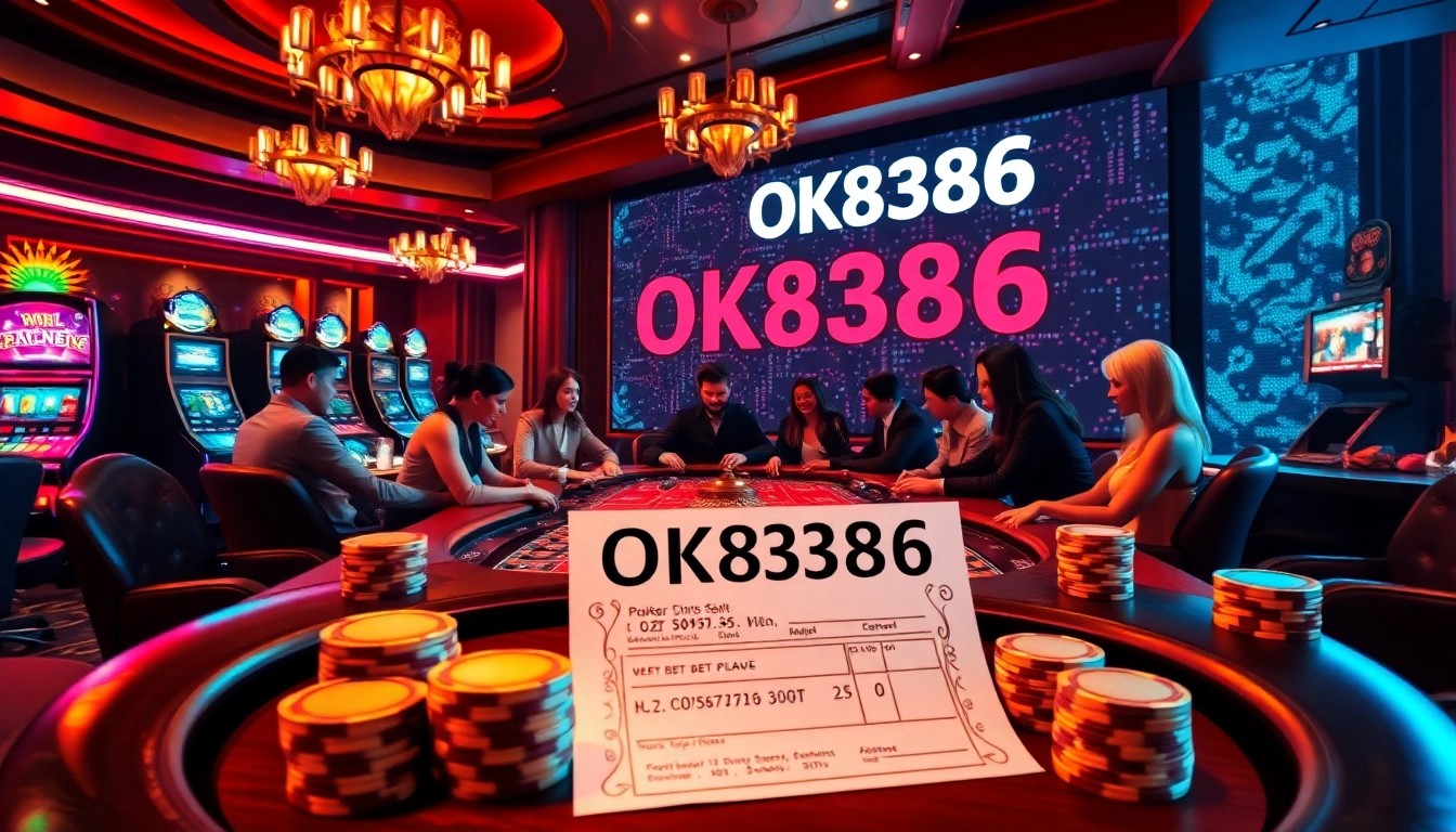 Experience high-stakes poker excitement at OK8386 casino, featuring vibrant slot machines and roulette.
