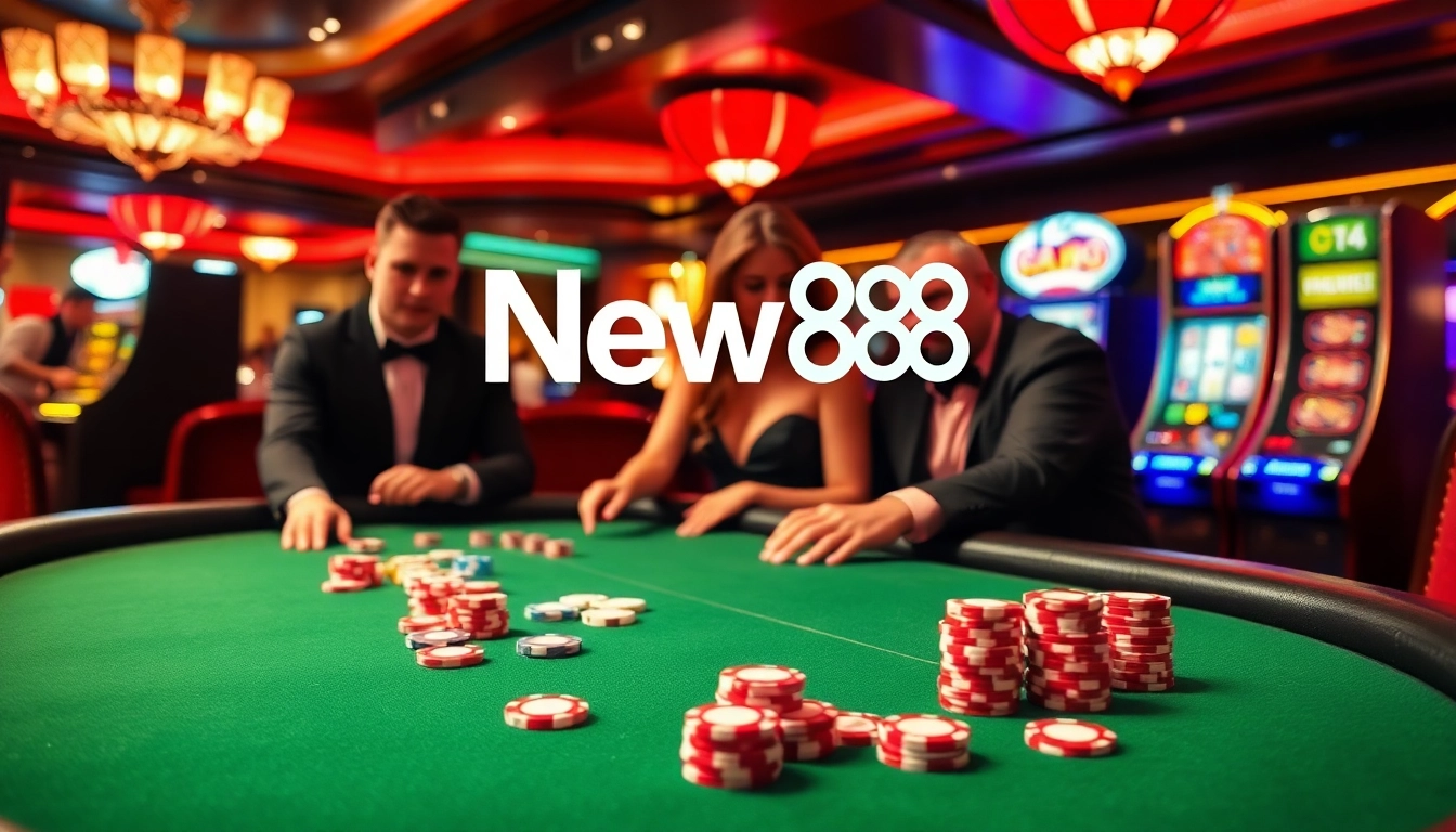 Players enjoying a thrilling New88 poker game at a lavish casino table with colorful chips.