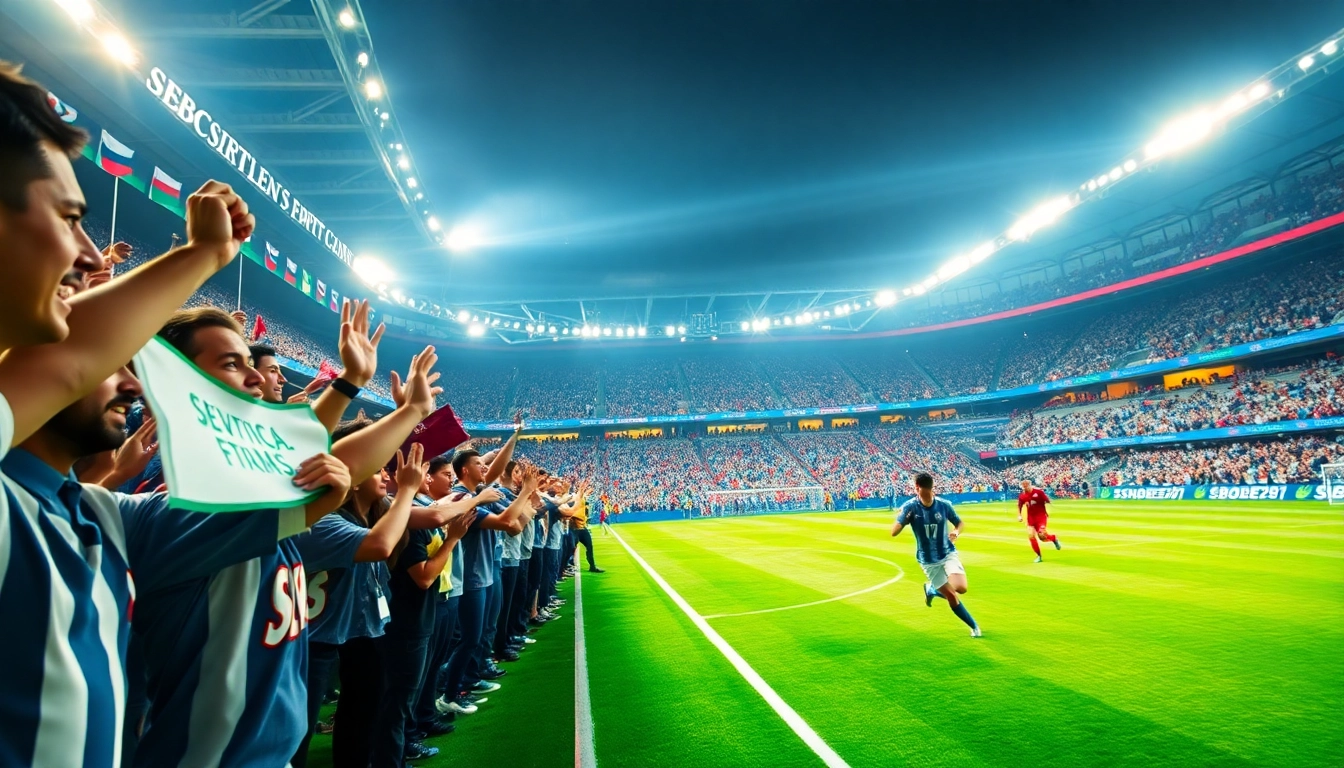 Ikon SBOBET88 saat pertandingan sepak bola dengan penggemar yang antusias di stadion.