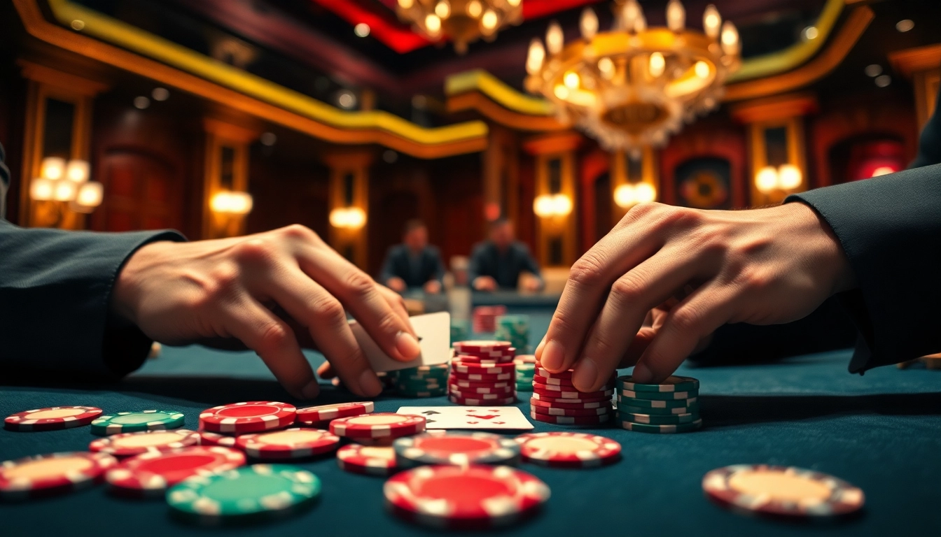 Engaging poker game with players and vibrant poker chips on a casino table.
