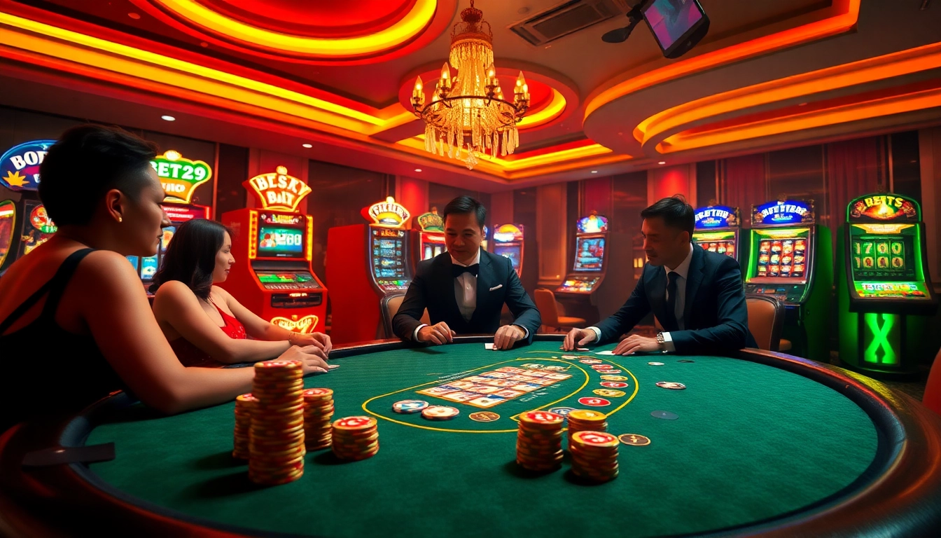 BET29 showcases an exciting casino table with players placing high-stakes bets alongside vibrant slot machines.