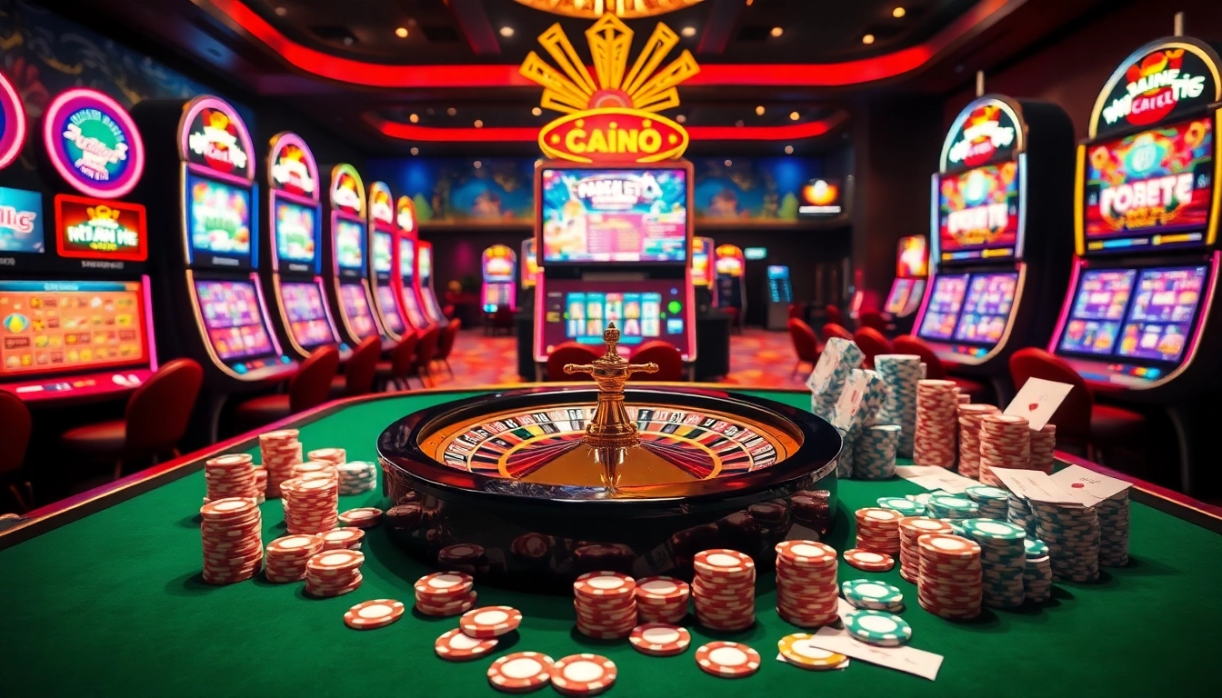 Nổ hũ gaming excitement with vivid slot machines and poker chips in a luxurious casino setting