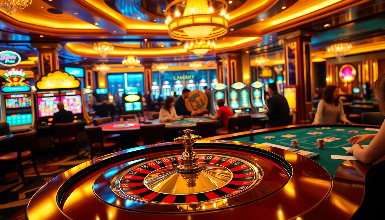 A lively casino scene showcasing players at a roulette table and vibrant slot machines, embodying the thrilling experience of 32win.