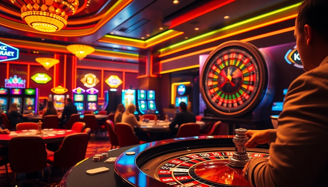 KJC gaming scene with players enjoying a roulette table and vibrant slot machines.
