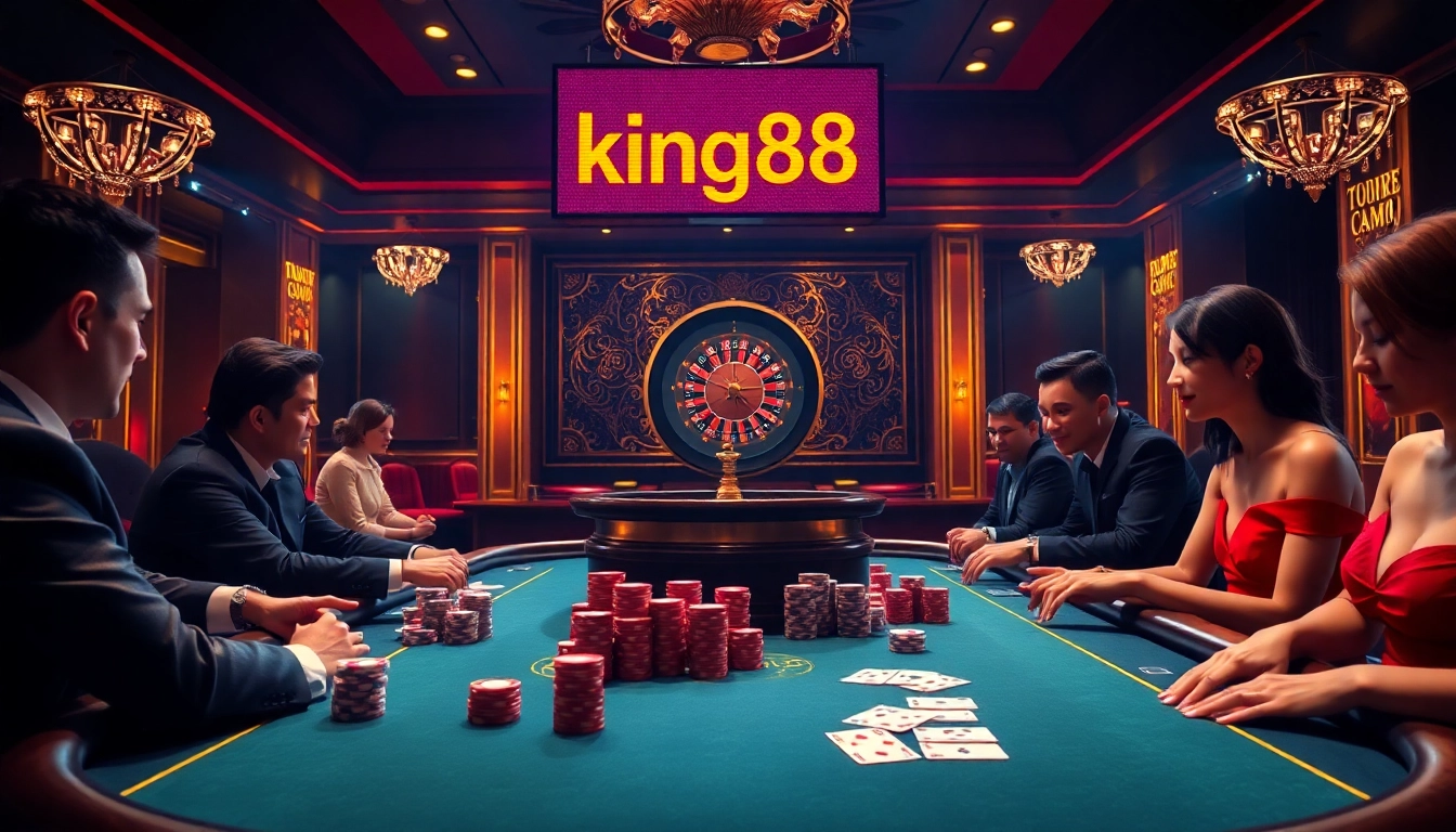 Players enjoying intense Texas Hold'em poker at king88 casino, showcasing high-stakes action and excitement.