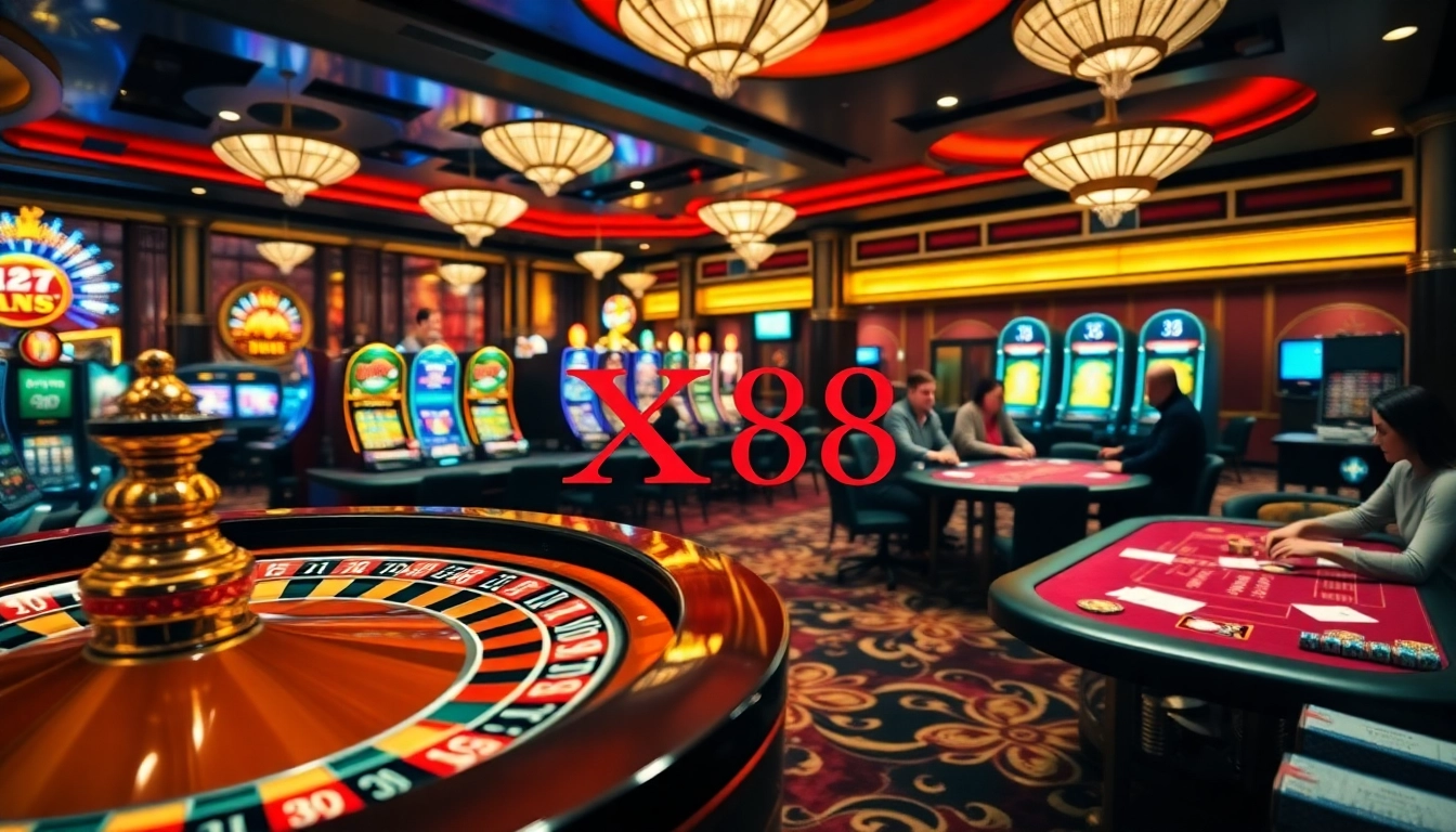 Experience the thrill of gambling at XX88 with vibrant casino tables and bright slot machines.
