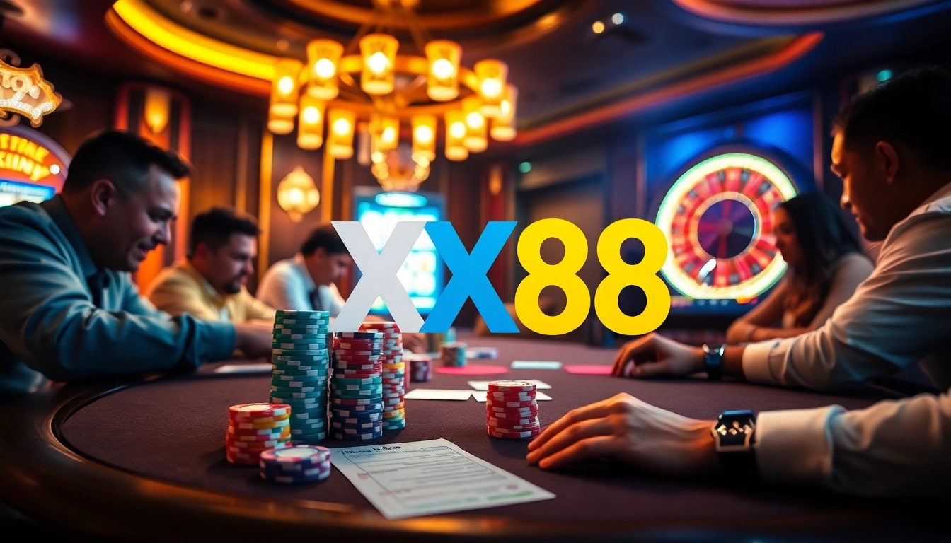 High-stakes poker game at a luxurious casino featuring vibrant colors and the logo xx88
