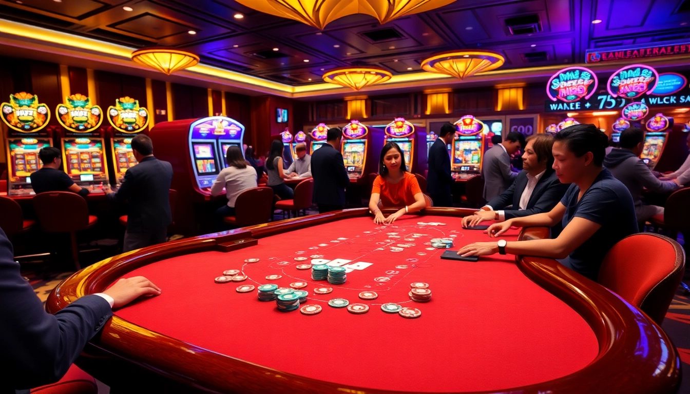 MM88 poker table bustling with players enjoying high-stakes gambling excitement.