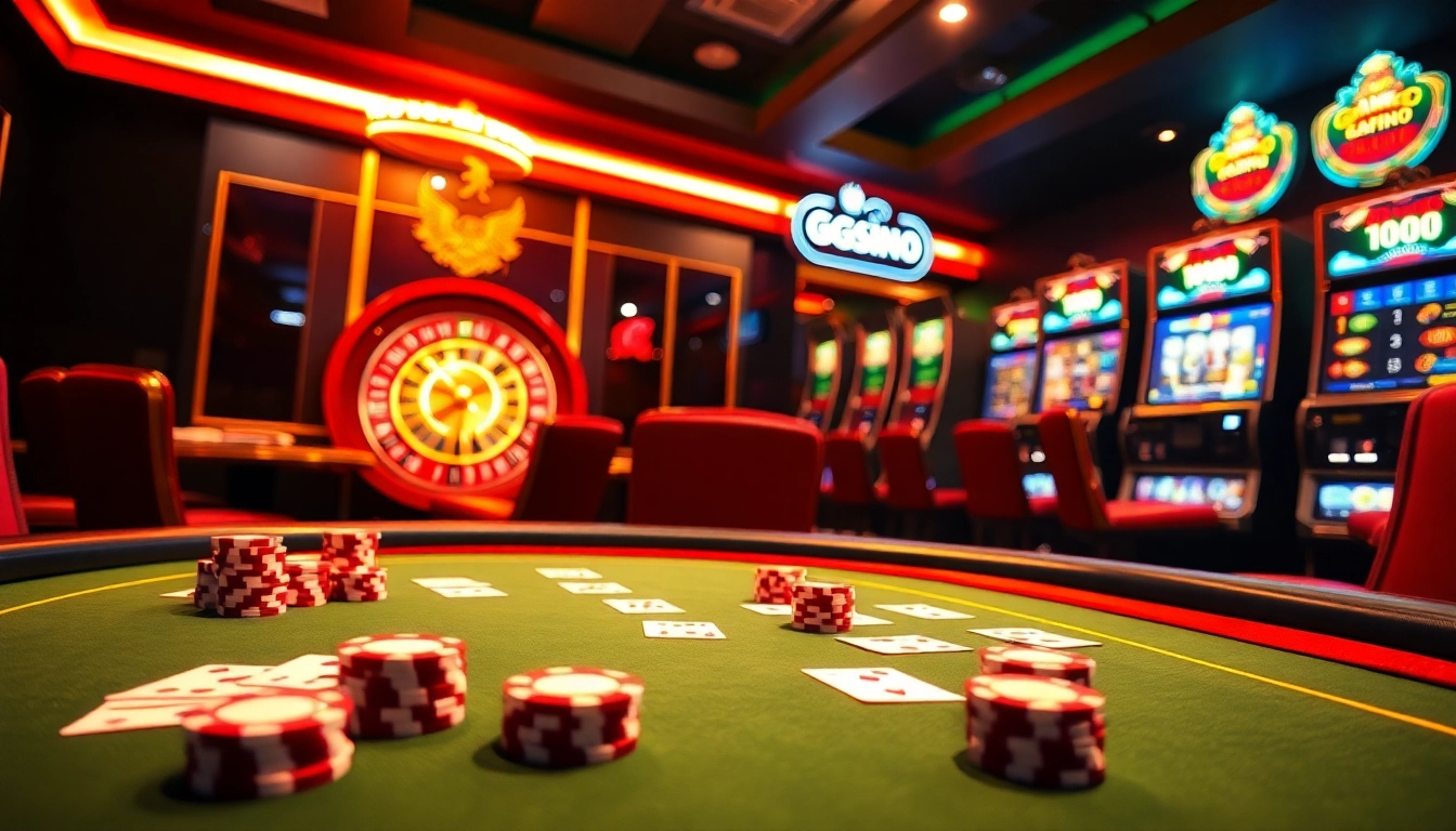 Experience the excitement of GG88 as players engage at a luxurious poker table in a vibrant casino scene.