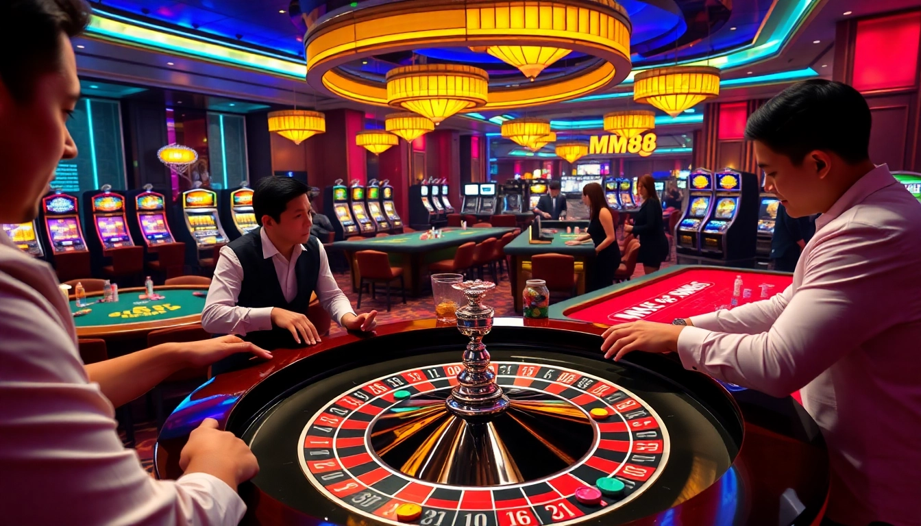 MM88 players enjoying a thrilling experience at a luxury casino with roulette and poker tables.