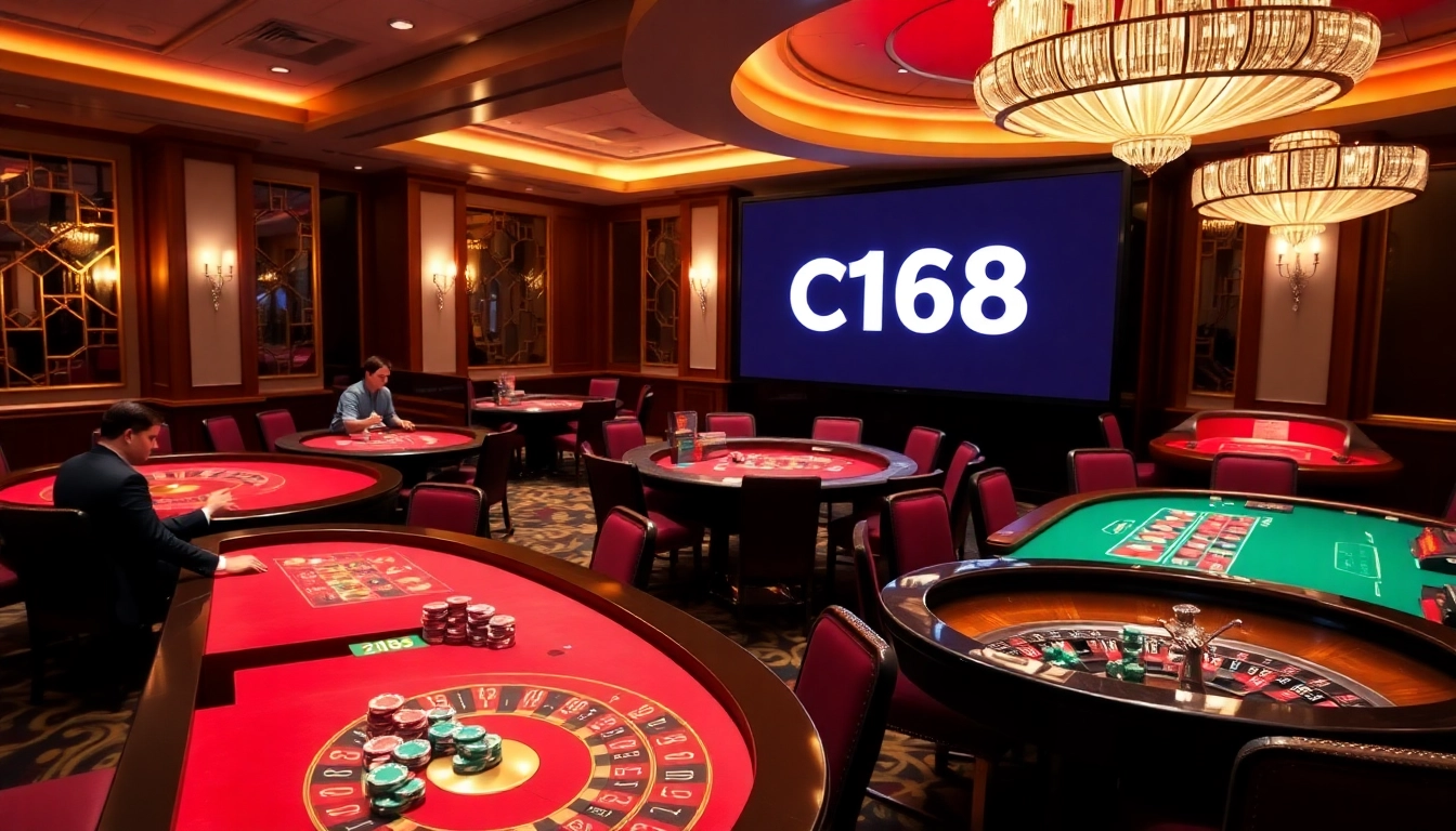 Full view of the luxurious casino C168 with live dealer games and vibrant poker chips.