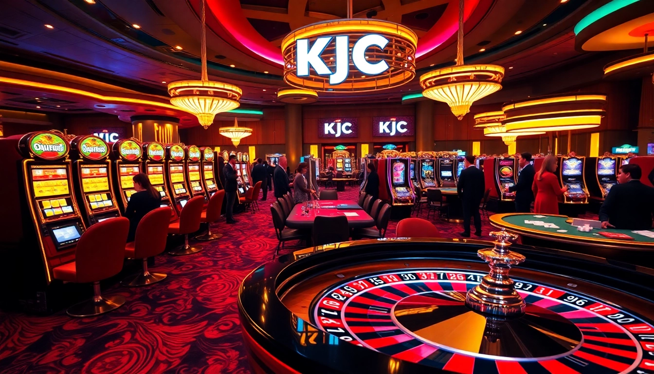 Excited players enjoy various games at the KJC-branded casino, showcasing luxury and thrilling experiences.