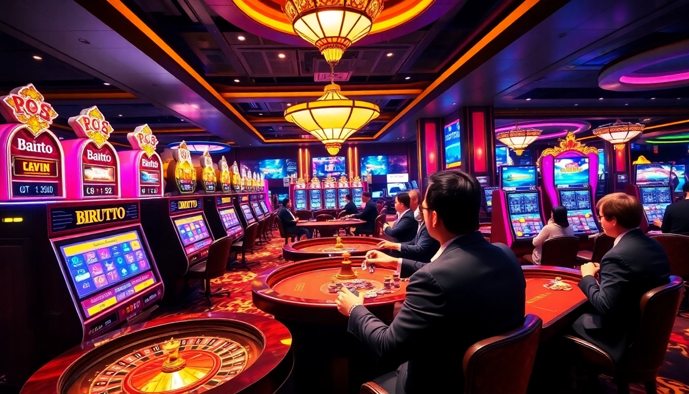 Experience the excitement of birutoto with vibrant slot machines and players immersed in gameplay.