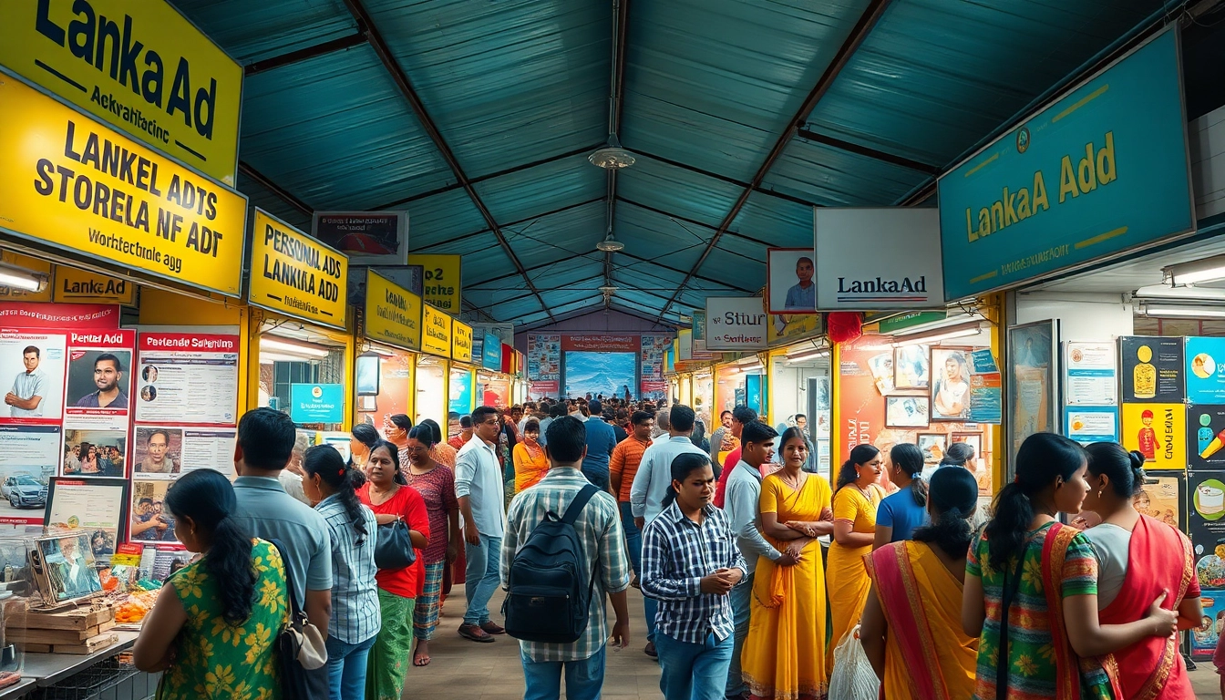 Lanka Add marketplace scene with diverse people engaging in ad posting and browsing in Sri Lanka.