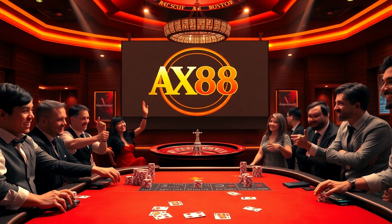 AX88 poker table scene with professional players and vibrant casino atmosphere.