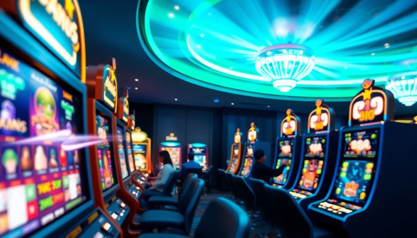 Exciting hoki138 online slot gaming scene with modern machines and vibrant atmosphere.