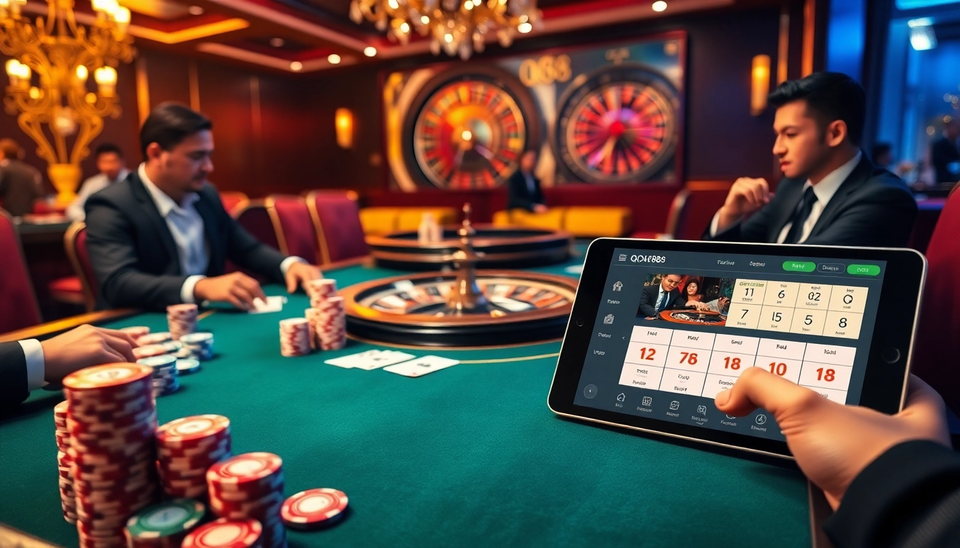 Experience an engaging poker game scene at QQ88, showcasing vibrant poker chips and exciting gameplay.