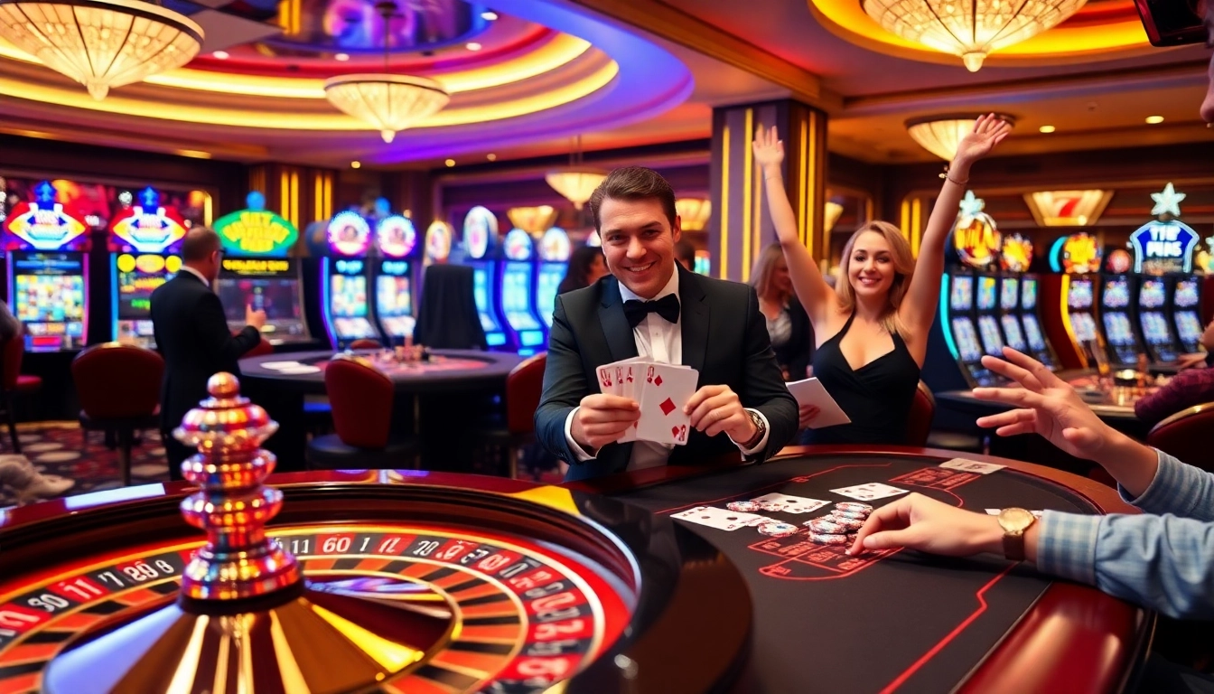 Celebrate victory at the casino with a thrilling gaming scene showcasing 789 win elements like blackjack and roulette.