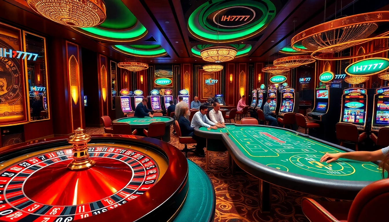 Experience the thrill of IH777 gaming with poker tables and roulette wheels in a luxurious casino setting.