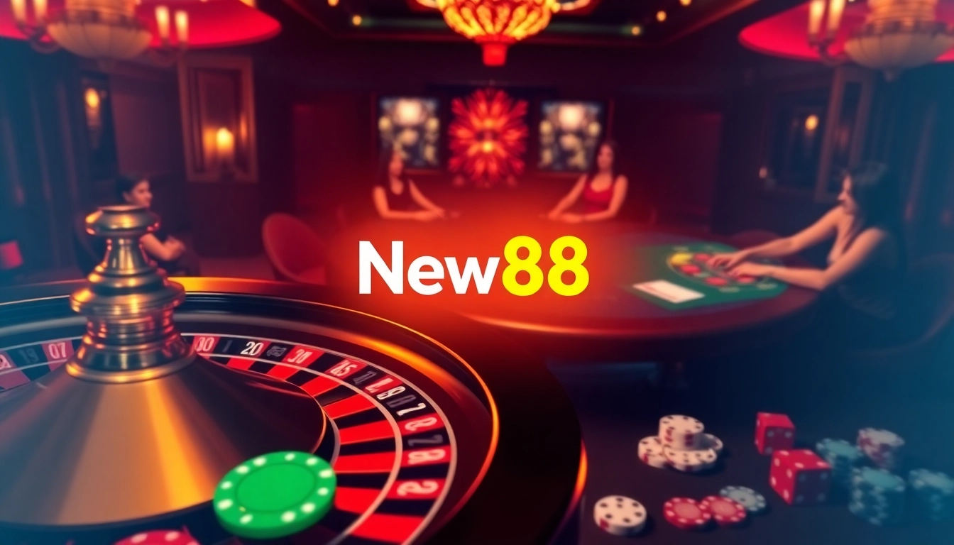 Experience thrilling games at https://new88bet.us/ with luxurious casino ambiance showcasing roulette, poker chips, and excitement.