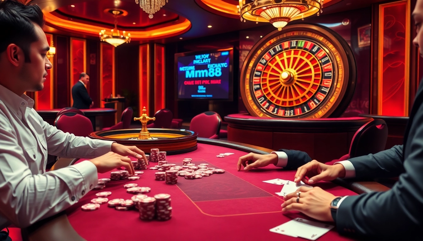 MM88 players enjoying high-stakes poker with vibrant chips, cards, and a roulette wheel in a luxurious casino atmosphere.