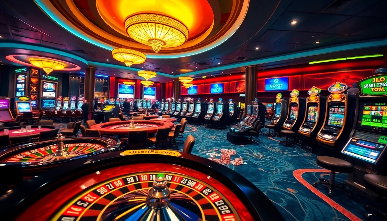 Experience the excitement of jboqz.com on a vibrant casino floor with roulette and poker.