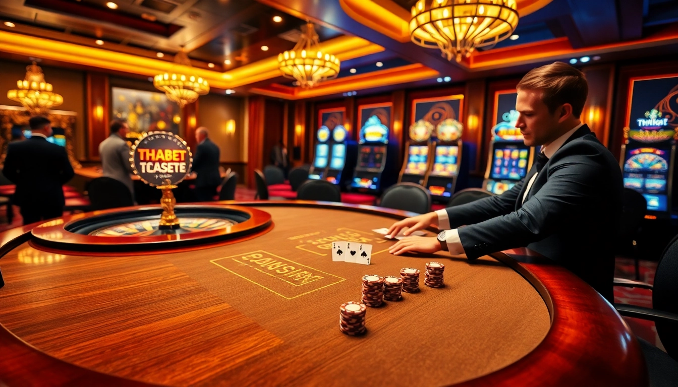 THABET casino action featuring elegant blackjack tables and vibrant slot machines.