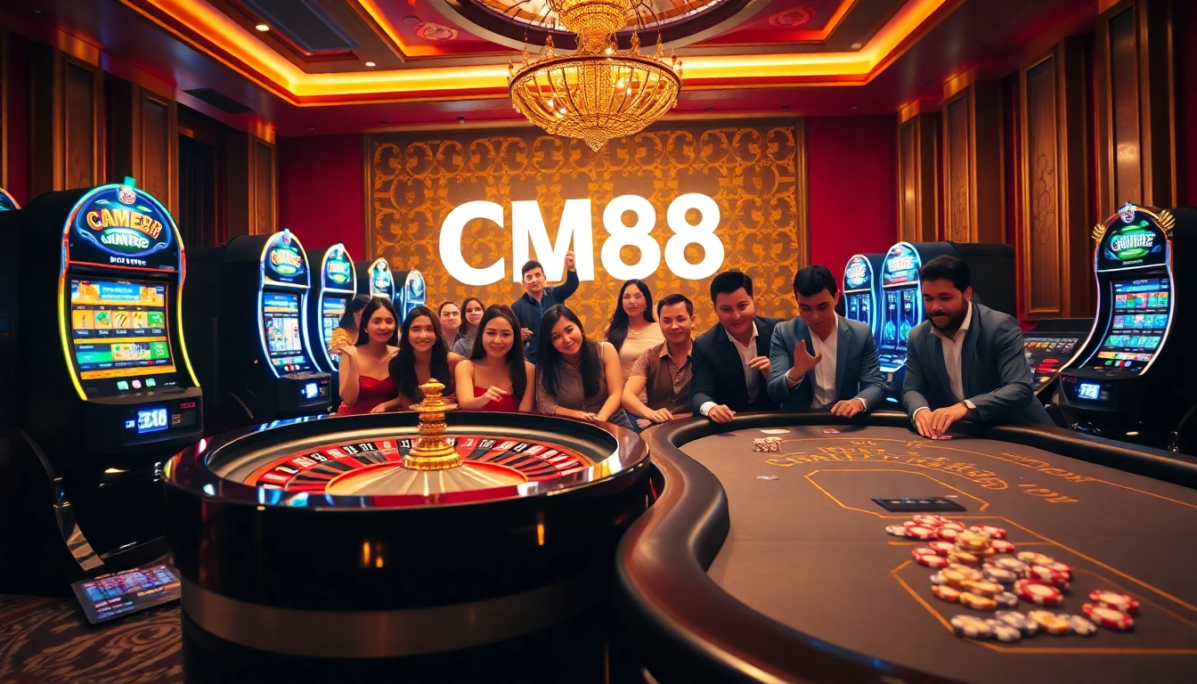 Engage with CM88's vibrant casino experience featuring roulette, poker tables, and lively players.