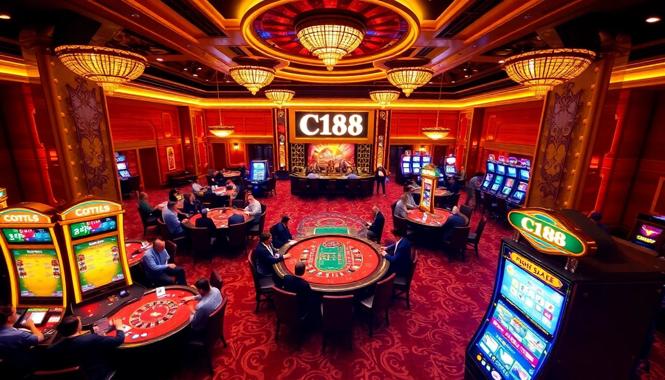 C168 brings excitement to a lavish casino scene with engaged players and vibrant gaming tables.