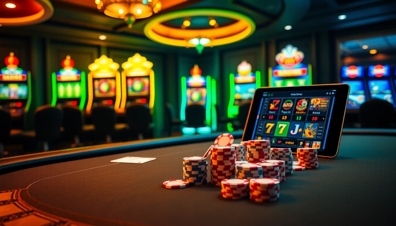 Exciting poker table scene featuring C168 poker chips and vibrant slot machines in a luxurious casino atmosphere.