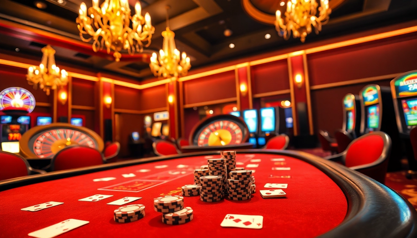 Experience a thrilling game at KJC's luxury casino with vibrant poker tables and roulette wheels.