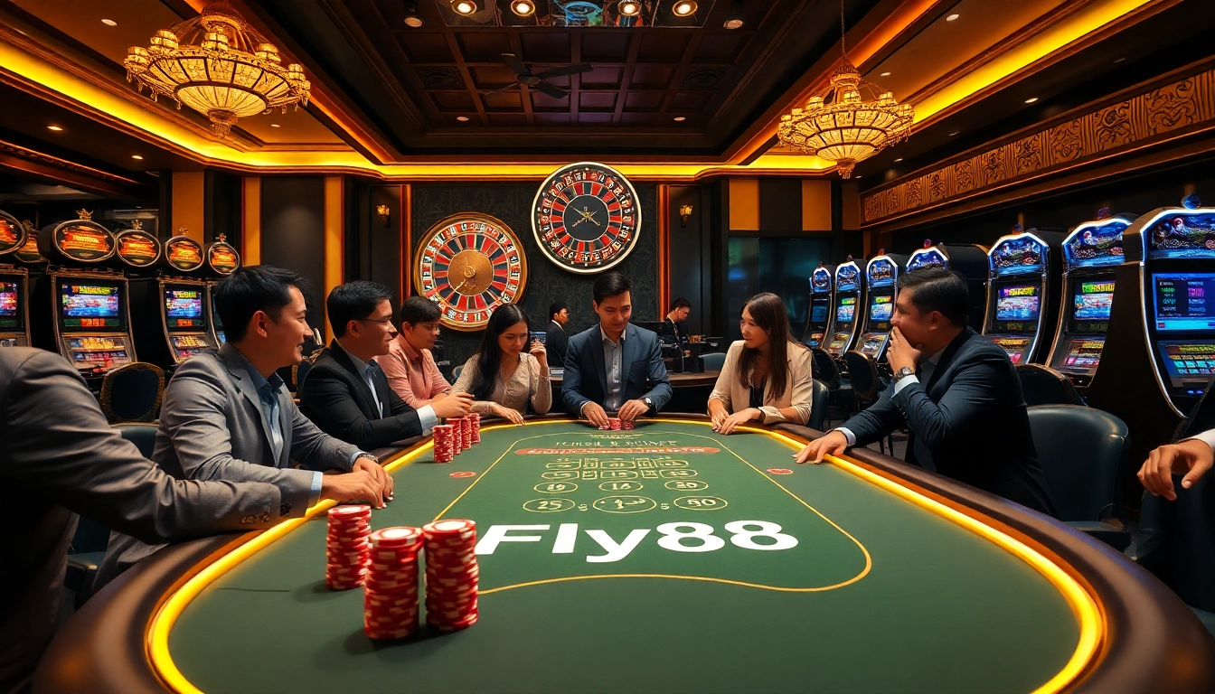 Experience the thrill of Fly88 with a vibrant casino scene featuring poker and roulette.