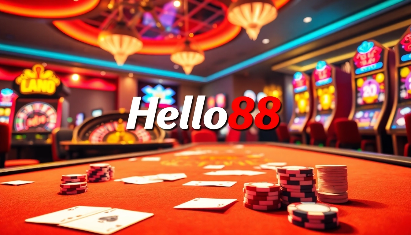 Hello88 casino scene with vibrant table games, cards, and exciting slot machines.
