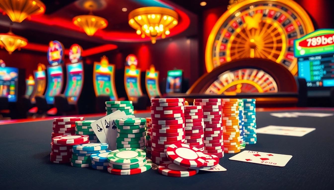 Join the thrilling action at 789bet with poker chips on a lavish casino table.