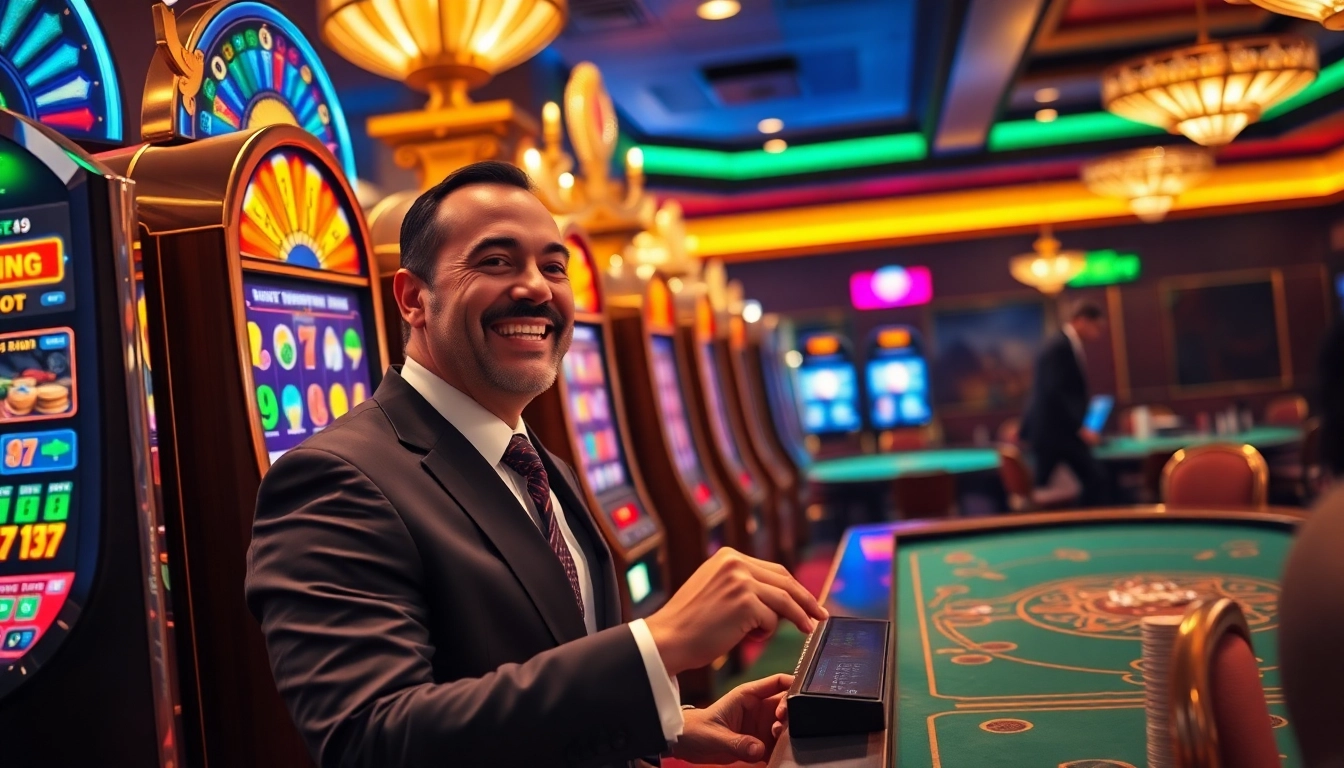 Exciting gameplay at a luxurious 슬롯사이트 featuring vibrant slot machines and eager players.