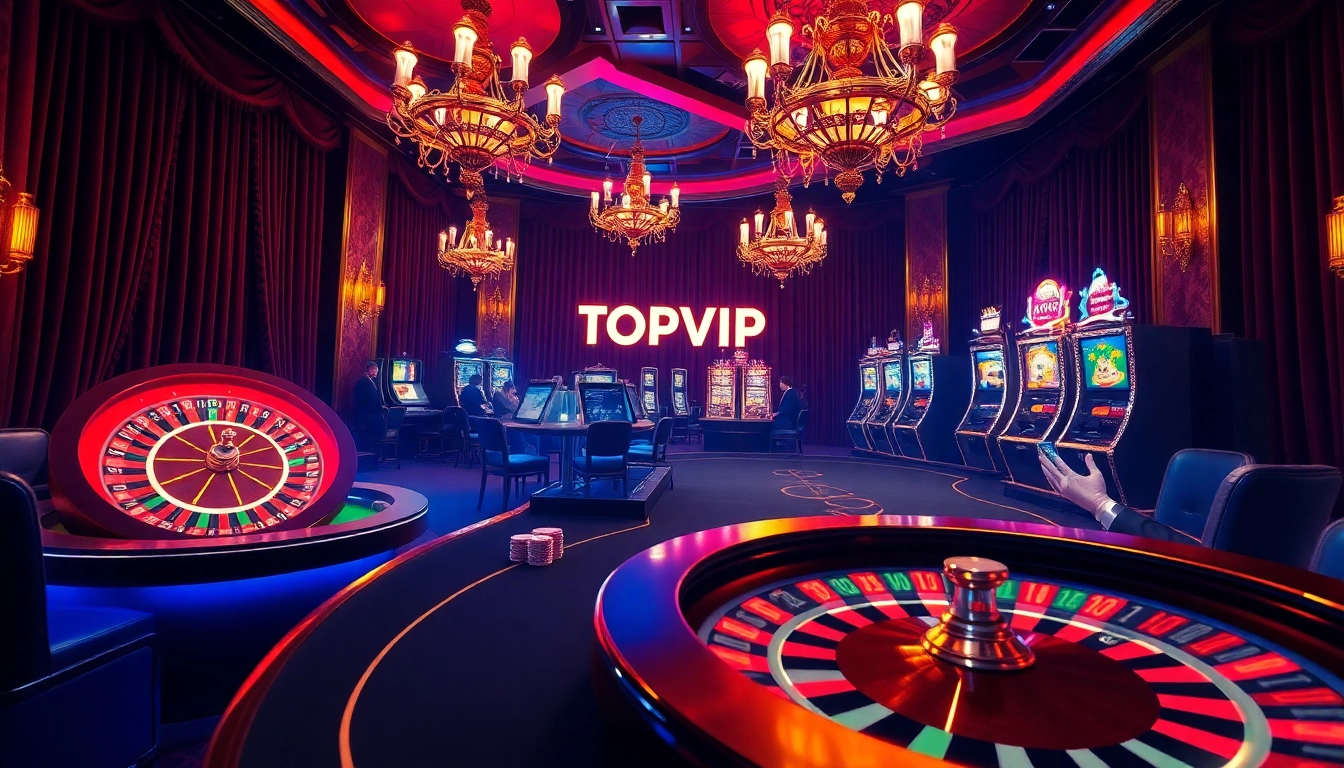 TOPVIP casino scene showcasing luxurious poker tables, vibrant roulette wheels, and neon-lit slot machines.