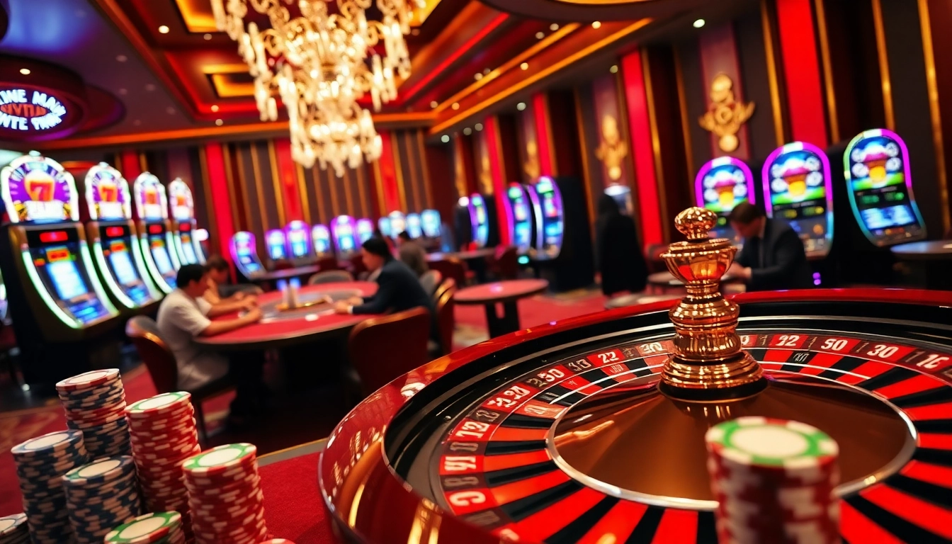 Experience Vmax excitement at a vibrant, luxurious casino scene with spinning roulette and poker chips.