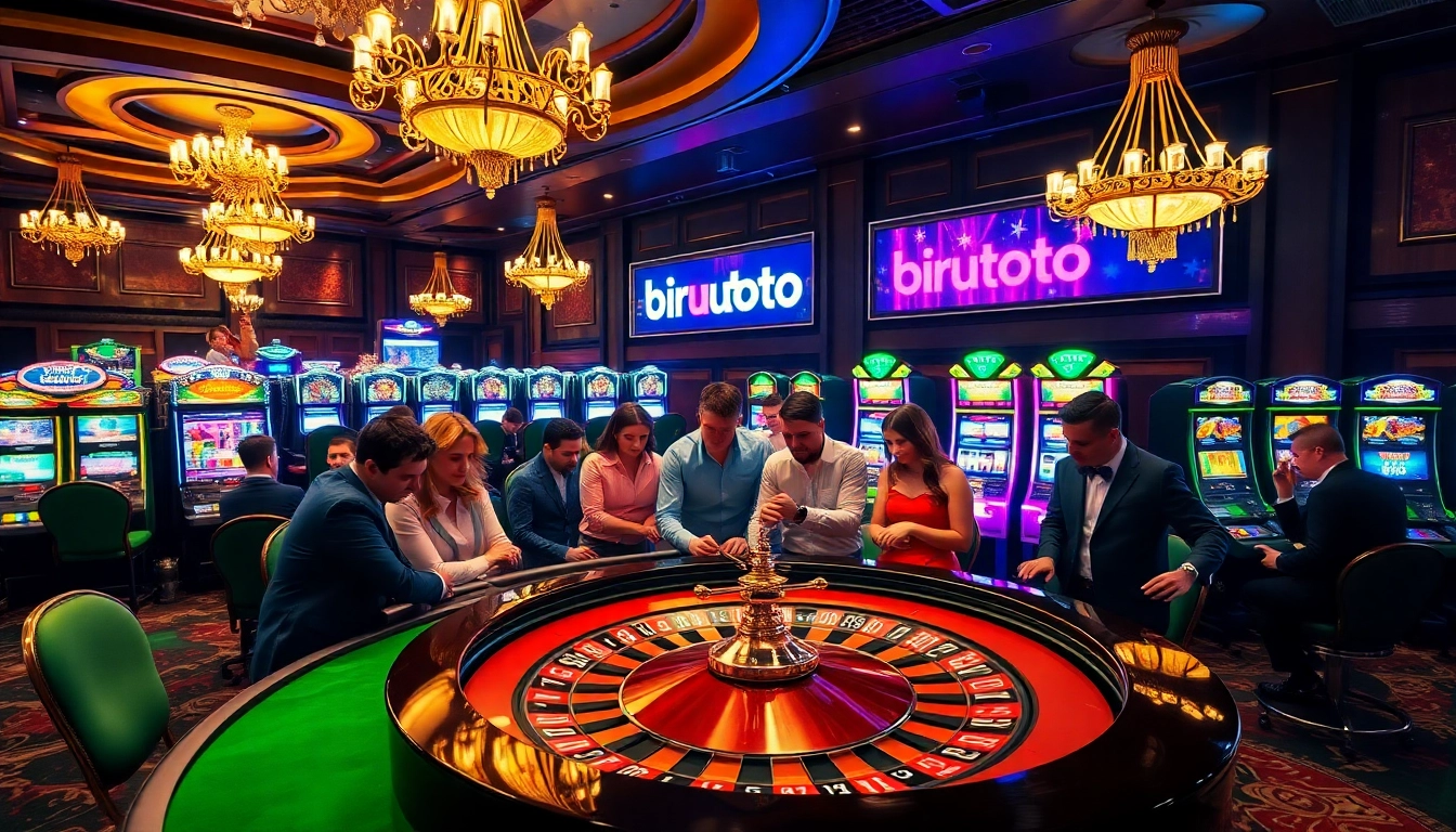 Rasakan sensasi taruhan tinggi dengan Birutoto dalam suasana kasino yang dinamis, menampilkan roulette dan mesin slot.