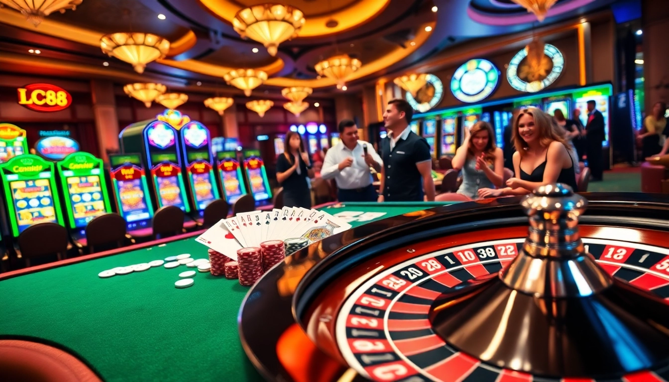 LC88's vibrant casino gaming table featuring poker chips and cards in an exciting environment.