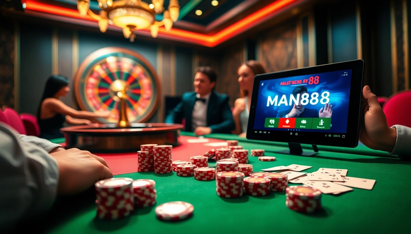 Man88 vibrant casino scene with poker chips and roulette wheel for an exhilarating experience.